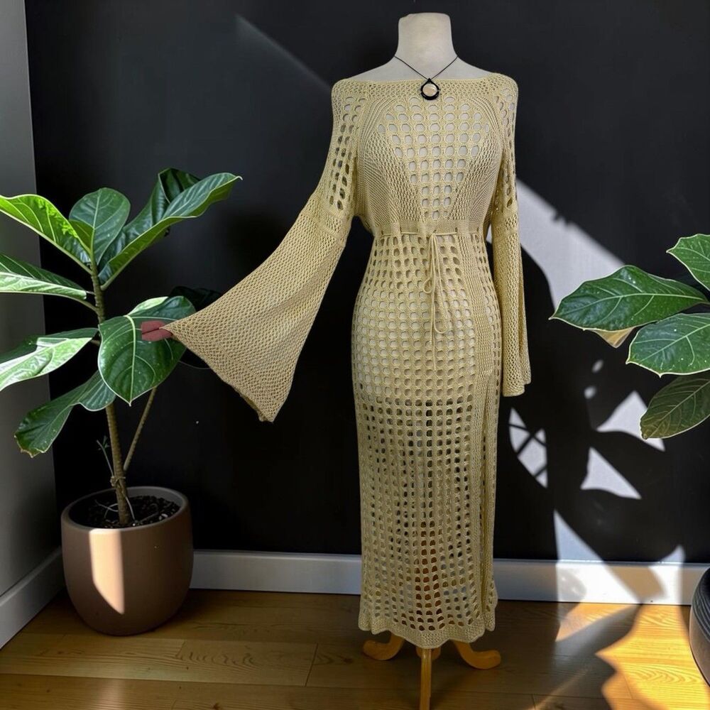 Boho Festival Crochet Maxi Dress Sheer Bell Sleeve Open Knit Coverup Cream OS